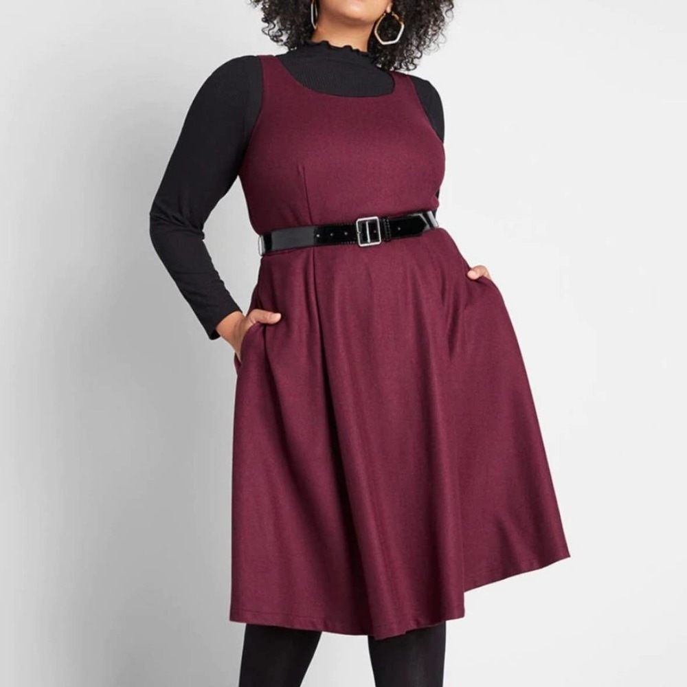Modcloth Take the Lead A-Line Burgundy Wool Dress with Pockets size 16
